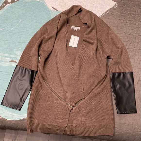 Woman’s brown open front cardigan with black faux leather sleeves detail, size S - Picture 2 of 8